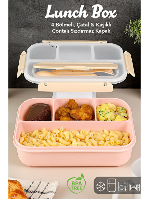 Meleni Home Sızdırmaz Contalı Yemek Kabı - 4 Bölmeli Çatal Kaşıklı Diyet Beslenme Kutusu Lunch Box Pembe - S000465259-20024