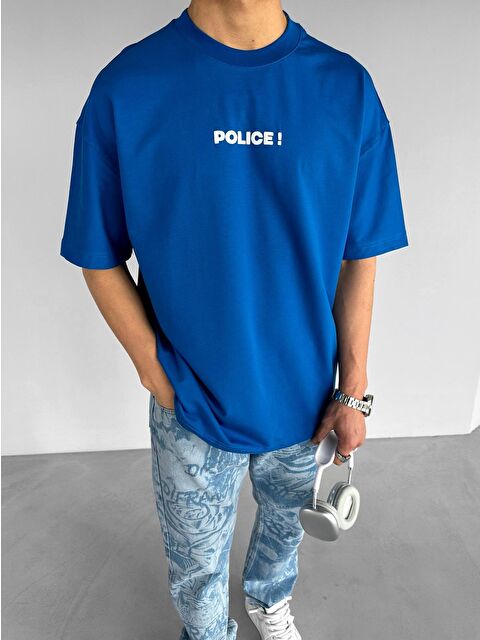 Abluka Online Erkek Oversize 'Police!' Baskılı İki İplik Tişört Mavi - S000161054-17234