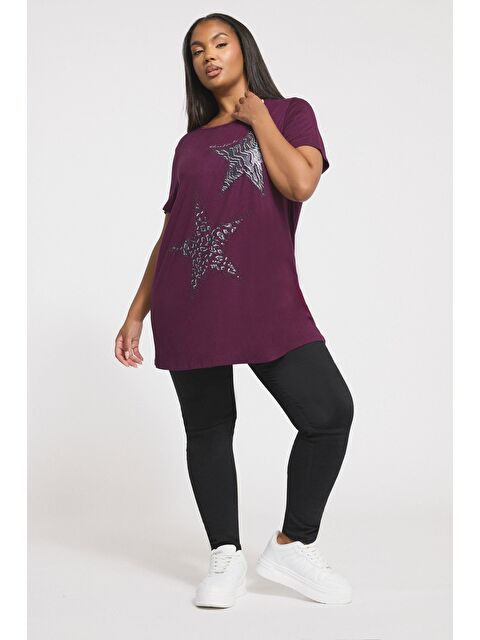 Stil Diva Büyük Beden Bisiklet Yaka Kısa Kollu Parlak Baskılı Taşlı T-shirt 322960 - S000484812-20042