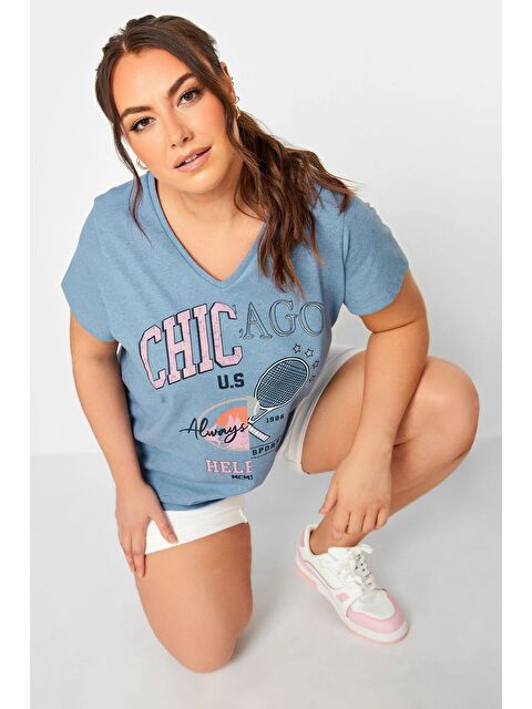 Stil Diva Büyük Beden Yazı Baskılı Yarım Kollu V Yaka T-shirt 302199 - S000484815-17234