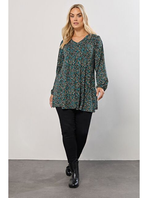 Stil Diva Büyük Beden V Yaka Uzun Kollu Çiçek Desenl T-shirt 322980 - S000484816-20055
