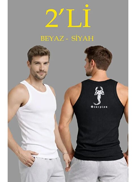 Jane's Erkek Spor Fitilli Atlet 2li Set Siyah Ve Beyaz Slim Fit Kaşkorse Arka Baskılı Spor Atlet