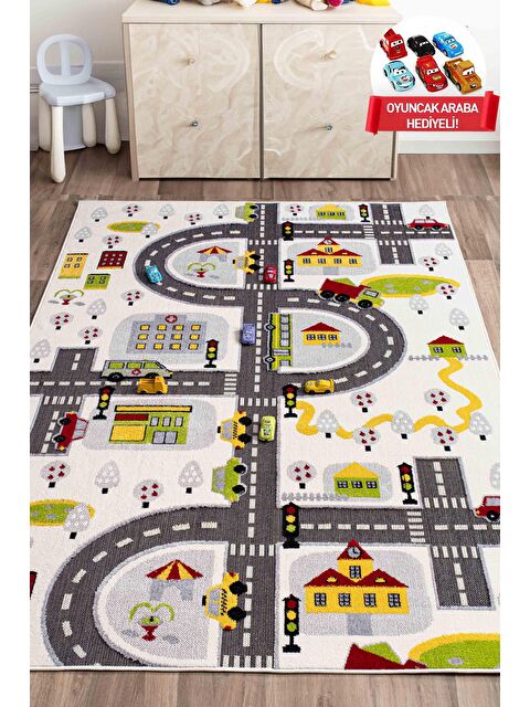 Konfor Halı 3 Boyutlu Beyaz Trafik Arabalı Dokuma Çocuk Oyun Halısı-140x200 - S000244259-37221