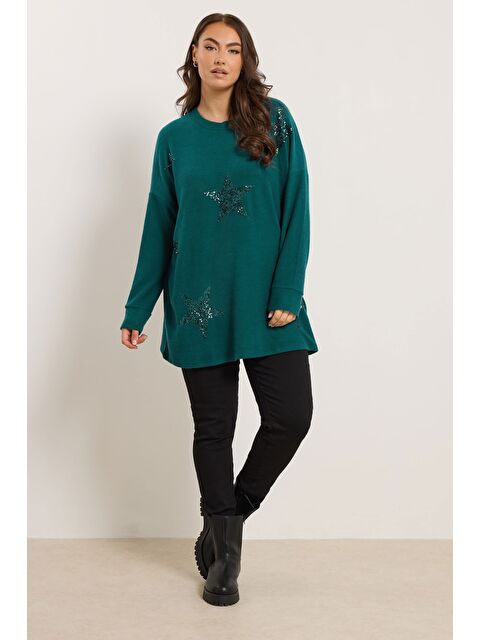 Stil Diva Büyük Beden Bisiklet Yaka Uzun Kollu Payetli Pelüş Tunik 285061 - S000484821-18194