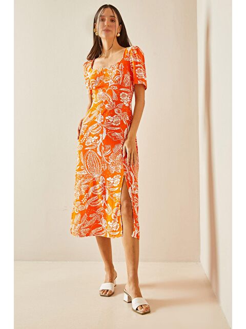 Xhan Turuncu U Yaka Çiçek Desenli Elbise 5YXK6-48398-11 - S000173099-20013