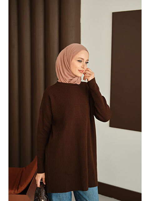 Locco Moda Kadın Kendinden Desenli Triko Tunik Kahverengi - S000484826-19413