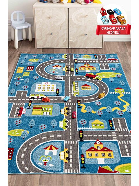 Konfor Halı 3 Boyutlu Mavi Trafik Arabalı Dokuma Çocuk Oyun Halısı-140x200 - S000244261-17234