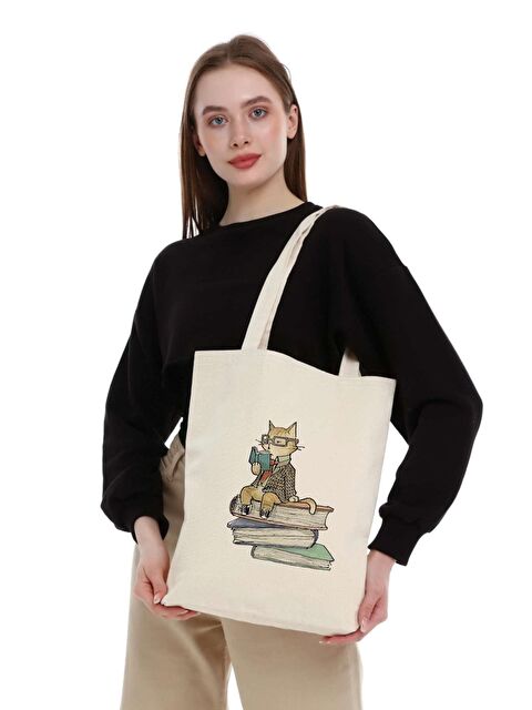 Bagg Kanvas Kitap Okuyan Kedi Bez Çanta C0557 - S000152951-19966