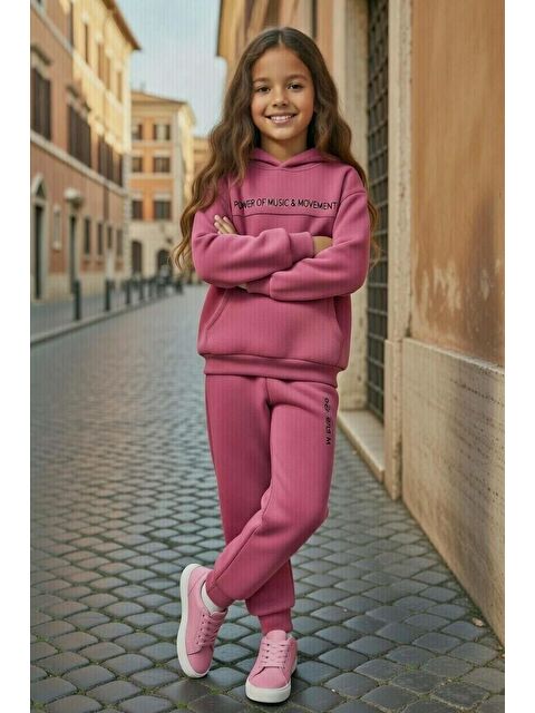 Riccotarz Kız Çocuk Music Yazı Detaylı 3 İplik Sweat Kanguru Cepli Mor Eşofman Takım - S000513082-20042