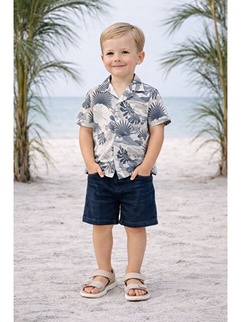 Kidex's Tarz Yaprak Desenli Gömlek Belden Ayarlanabilir Slopetli Kısa Kollu Şortlu 2'li Takım Çocuk ve