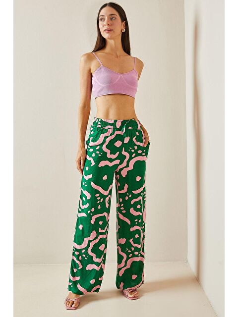 Xhan Yeşil Desenli Bol Paça Beli Lastikli Cepli Pantolon 5YXK5-48867-08 - S000241823-18194