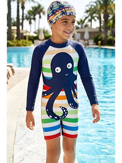 Modanino Erkek Çocuk Mayo Takımı-Uzun Kollu Yüzücü Mayo ve Bone 4-12 Yaş 12637N