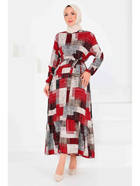 Tofisa Desenli Kuşaklı Elbise Kirmizi - 27518 - S000425289-20045