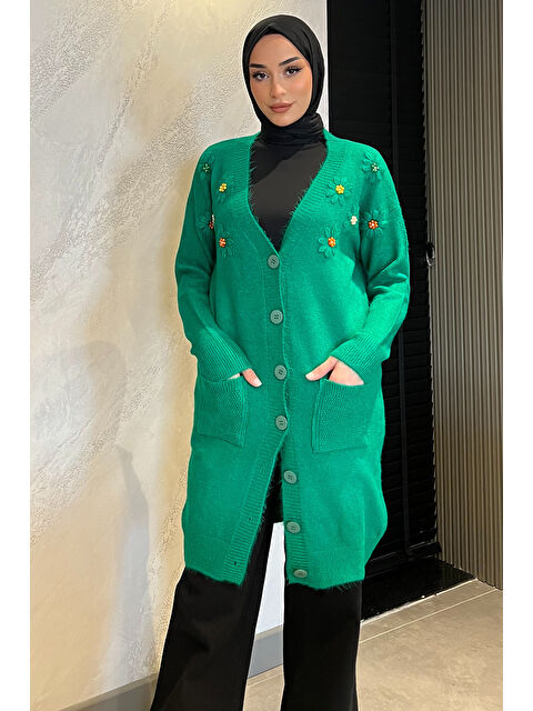 Julude Çiçek Nakışlı Taşlı Tesettür Uzun Triko Hırka - S000326600-18194