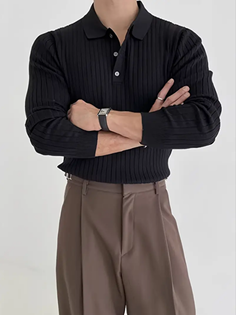 Tarz Cool Erkek Siyah Düğmeli Polo Yaka Triko Kazak - S000341805-19351