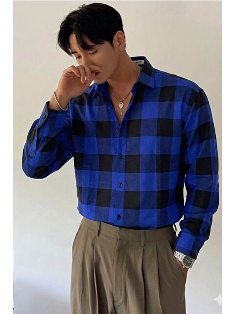 Tarz Cool Erkek Ekose-Kareli Gömlek Slim Fit Pamuk Karışımlı Klasik Tarz Uzun Kollu Gömlek