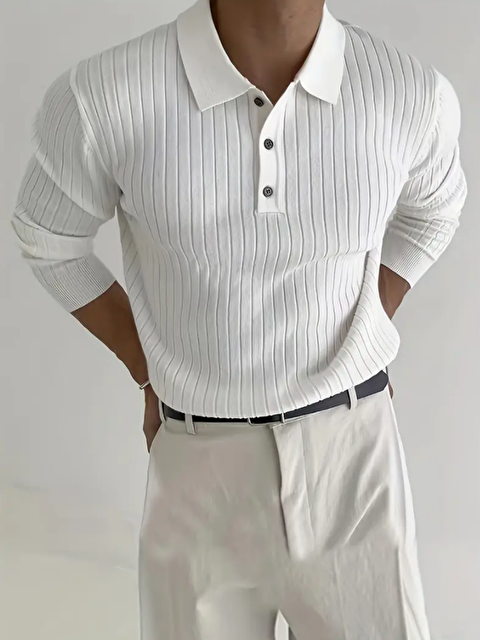 Tarz Cool Erkek Beyaz Düğmeli Uzun Kollu Polo Yaka Triko Kazak - S000341805-20063