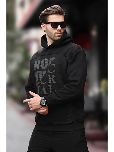 Madmext Siyah Baskılı Kapüşonlu Cep Detaylı Erkek Sweatshirt 7062 - S000424237-19351