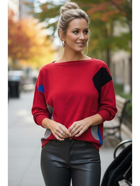 Chiccy Kırmızı Kayık Yaka Uzun Kol Desenli İnce Casual Triko Kazak 65 60 - S000508125-20045