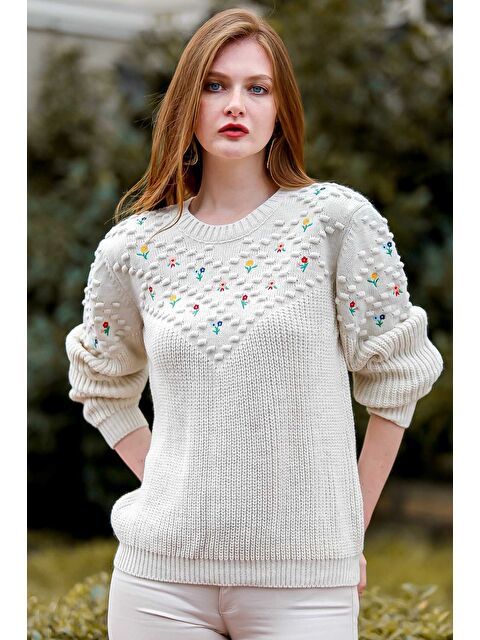 Chiccy Kadın Taş Retro Robası Nakışlı Triko Kazak M10010800KZ99437 - S000358763-25636