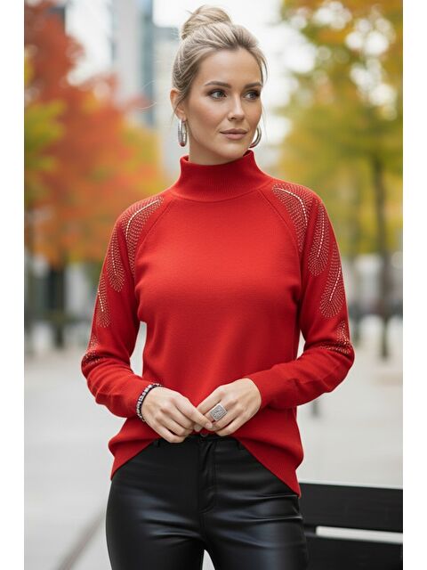 Chiccy Kırmızı Balıkçı Yaka Uzun Kol İnce Taşlı Casual Triko Kazak 65 60 - S000508127-20045