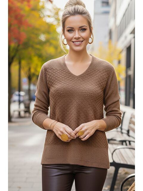 Chiccy Açık Kahve V Yaka Uzun Kol İnce Casual Ajur Örgü Triko Kazak 65 60 - S000508128-29705