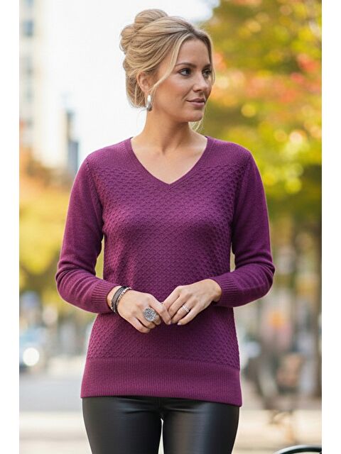 Chiccy Mor V Yaka Uzun Kol İnce Casual Ajur Örgü Triko Kazak 65 60 - S000508128-20042