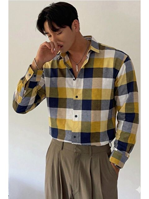 Tarz Cool Erkek Ekose-Kareli Gömlek Slim Fit Pamuk Karışımlı Klasik Tarz Uzun Kollu Gömlek