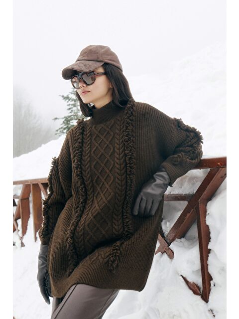 HE-QA Püskül Detaylı Örme Kazak Kahve - S000471205-19413