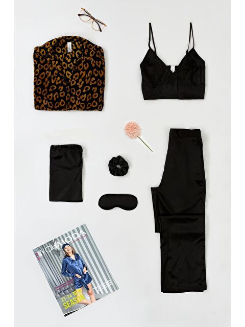 For You Moda 6'Lı Pliseli Leopar Bustiyerli Siyah Pijama Takım - S000015205-19351