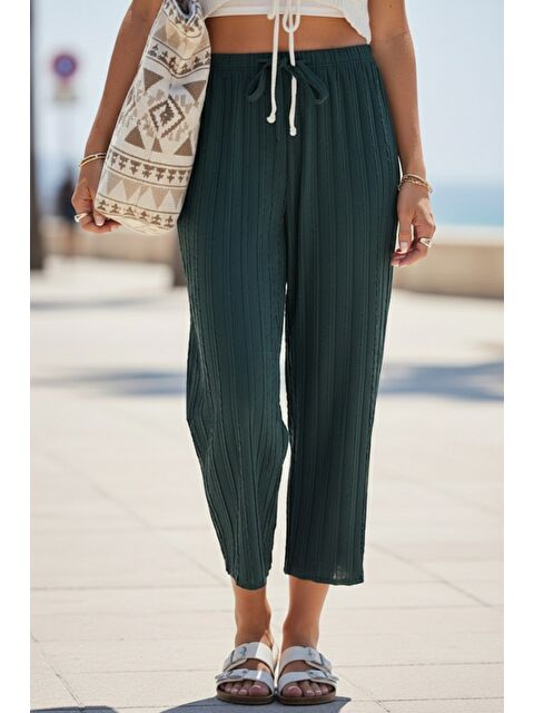 Chiccy Yeşil Lastikli Bel Geniş Paça Casual Ajur Örgü Örme Pantolon 100 65 - S000508131-18194