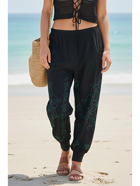 Chiccy Siyah-Yeşil Baskılı Cepli Lastikli Bel Lastikli Paça Casual Örme Şalvar Pantolon 95 60 - S000508129-37449