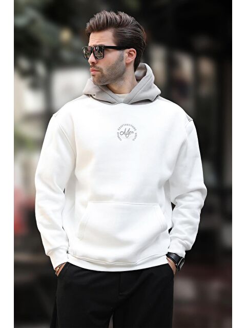 Madmext Ekru Kapüşonlu Renk Bloklu Nakış Detaylı Erkek Sweatshirt 7088 - S000424239-19965