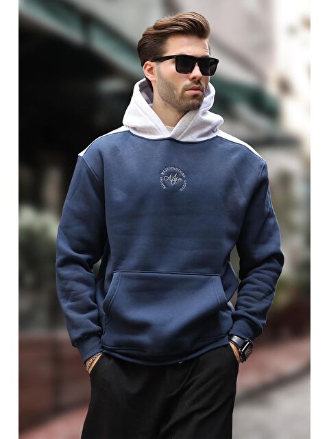Madmext Lacivert Kapüşonlu Renk Bloklu Nakış Detaylı Erkek Sweatshirt 7088 - S000424239-21164
