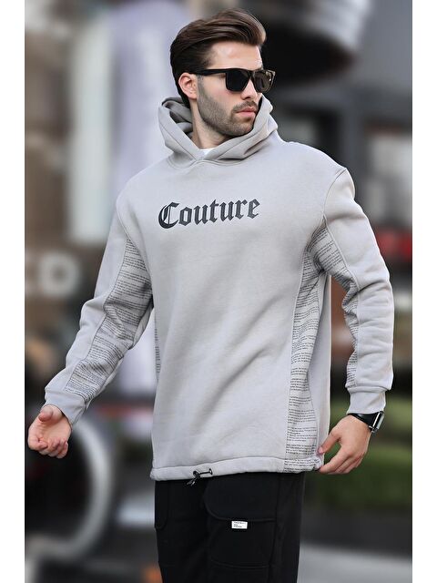 Madmext Boyalı Gri Kapüşonlu Baskılı Erkek Sweatshirt 7090 - S000424241-22875