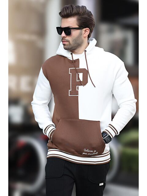 Madmext Ekru Renk Bloklu Kapüşonlu Baskılı Erkek Sweatshirt 7078 - S000424242-19965