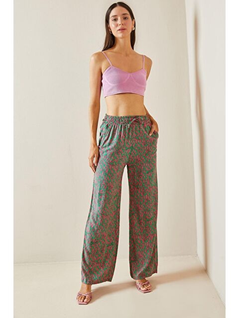 Xhan Yeşil Desenli Bol Paça Beli Lastikli Cepli Pantolon 5YXK5-48868-08 - S000241825-18194