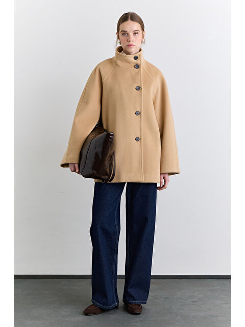 Manuka Yüksek Yaka Kruvaze Kaban Camel - S000510263-4557