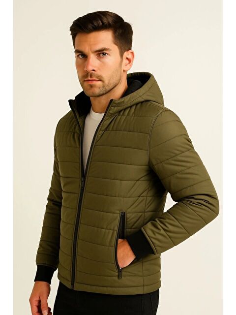 Jane's Erkek Şişme Kapüşonlu Fermuarlı Mont Su Itici Kapitone Astarlı Kumaş Cepli Kışlık Rahat Kalıp - Haki