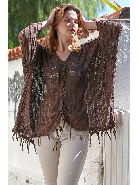 Chiccy Kahverengi V Yaka Yarasa Kol Bağlamalı İnce Casual Ajur Örgü Oversize Triko Bluz 80 100 - S000469049-19413