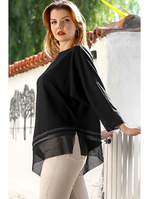 Chiccy Siyah Kayık Yaka Uzun Kol Deri Garnili File Detaylı Casual Asimetrik Örme Bluz 75 70 - S000469052-19351