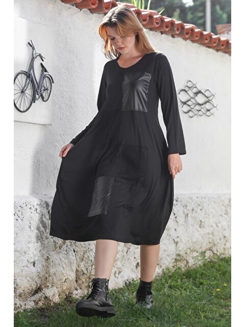 Chiccy Siyah Havuz Yaka Uzun Kol File Detaylı Deri Garnili Casual Dokuma Elbise 115 60 - S000469054-19351
