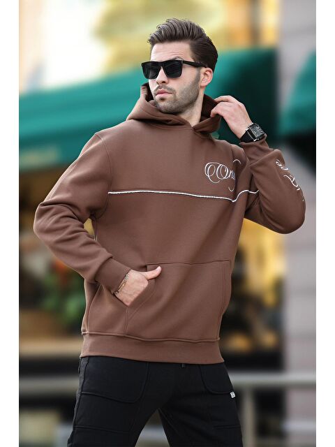 Madmext Kahverengi Kapüşonlu Şerit Detaylı Baskılı Erkek Sweatshirt 7091 - S000424245-19413