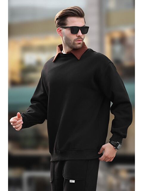 Madmext Siyah Polo Yaka Erkek Sweatshirt 7086 - S000424247-19351
