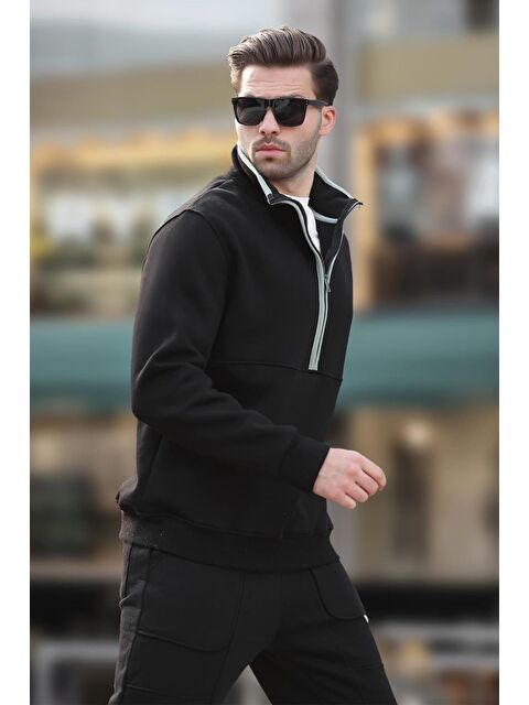 Madmext Siyah Dik Yaka Yarım Fermuarlı Sweatshirt 7079 - S000424246-19351