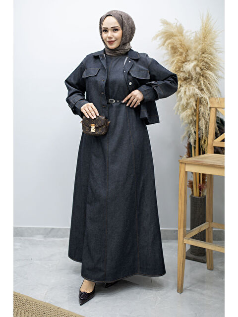 Tesettür Dünyası Kemerli Ceketli Denim Elbise TSD260164 Koyu Mavi