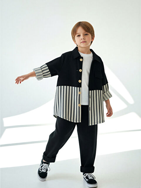 Catz Kids Siyah Keten Carrot Pantolon + Siyah Beyaz Çizgili Keten Retro Gömlek - S000513089-37428