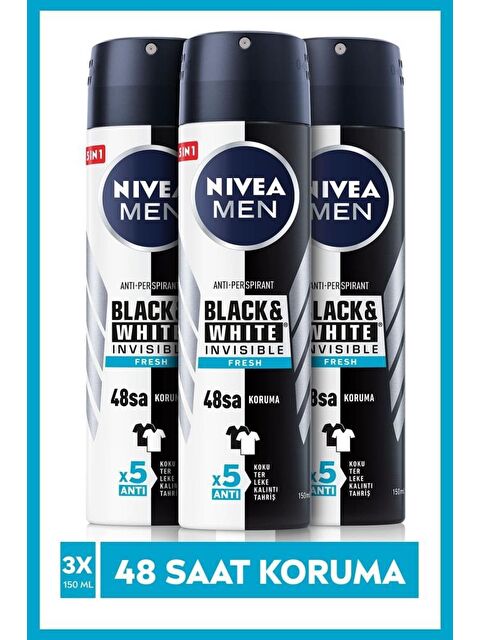 NIVEA Men Invisible Black&White Fresh Erkek Sprey Deodorant 150 ml X3 Adet, 48 Saat Anti-Perspirant Koruma - S000113042-26865
