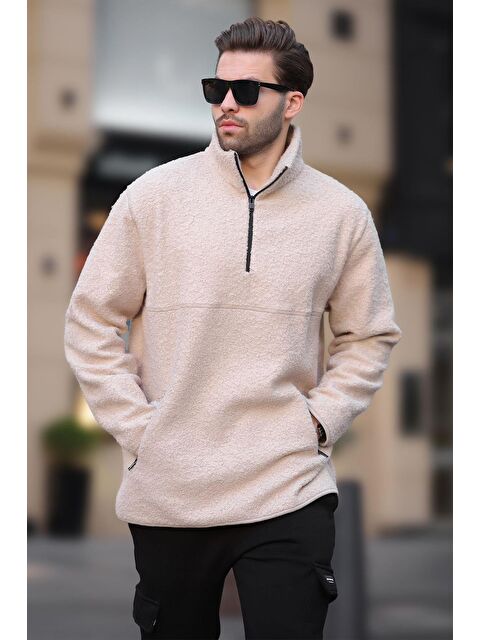 Madmext Ekru Dik Yaka Yarım Fermuarlı Buklet Sweatshirt 7084 - S000424250-19965