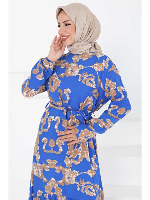 Tofisa Desenli Kuşaklı Elbise Saks - 27429 - S000425295-23710
